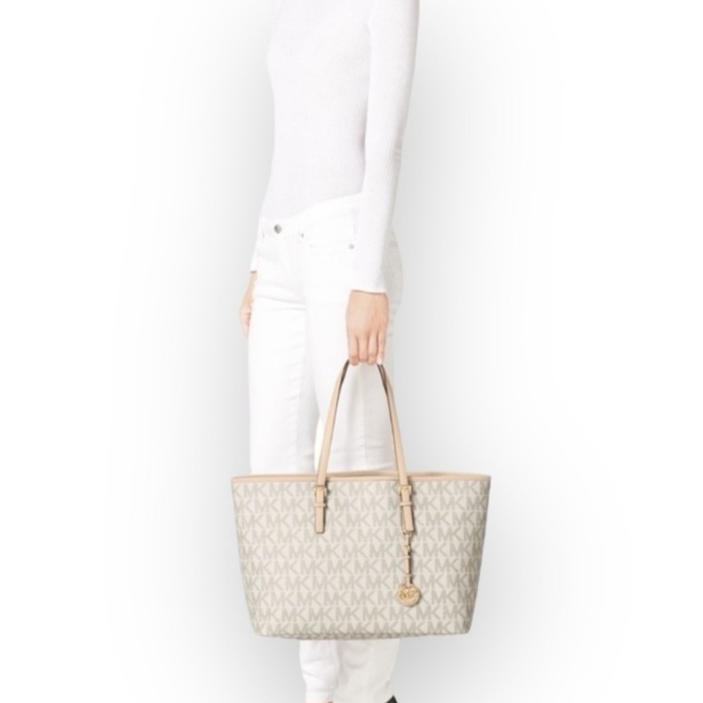 Michael Kors Jet Set Med Logo Top Zip Tote Handbag Vanilla Natural Leather